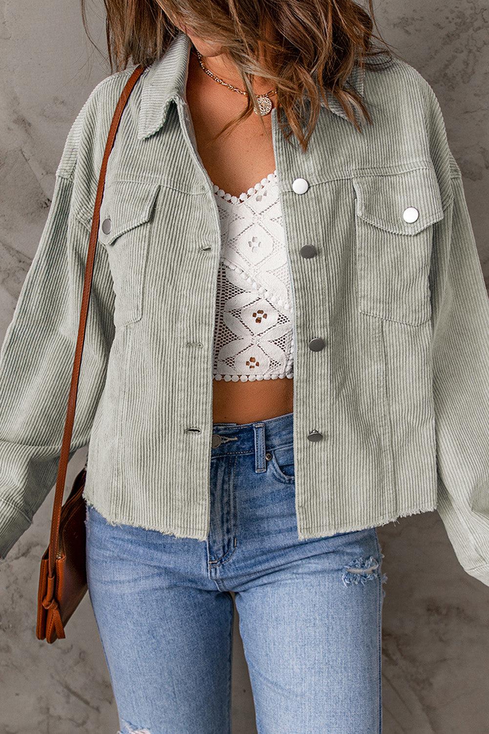 Raw Hem Button Down Corduroy Jacket with Pockets BLUE ZONE PLANET