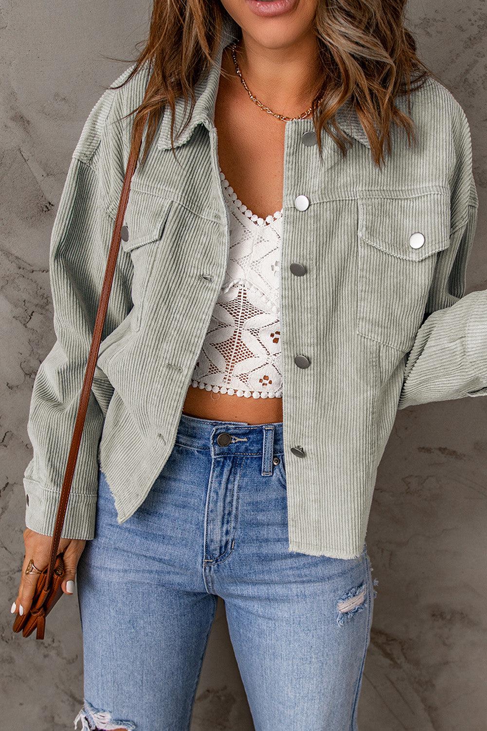 Raw Hem Button Down Corduroy Jacket with Pockets BLUE ZONE PLANET
