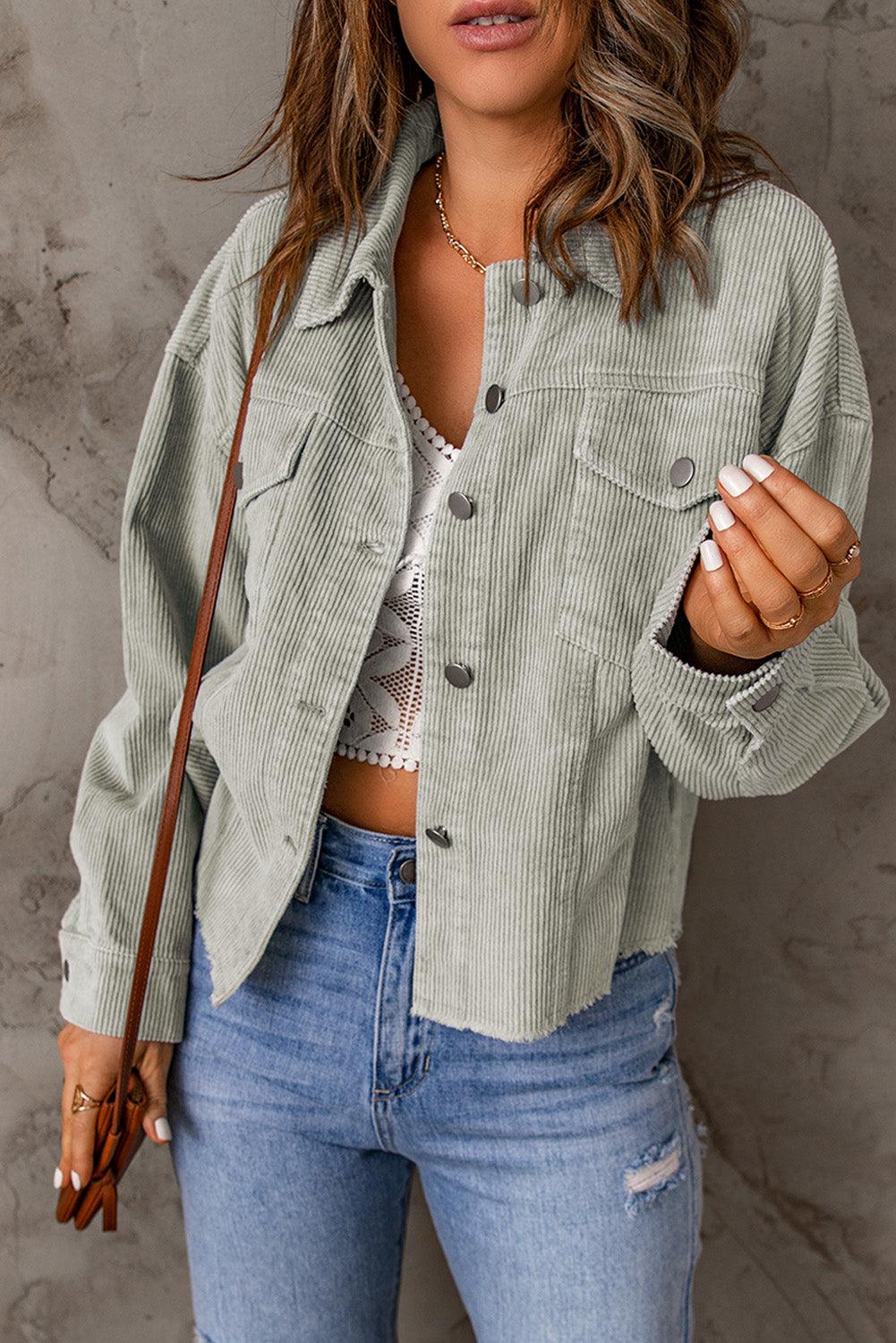 Raw Hem Button Down Corduroy Jacket with Pockets BLUE ZONE PLANET