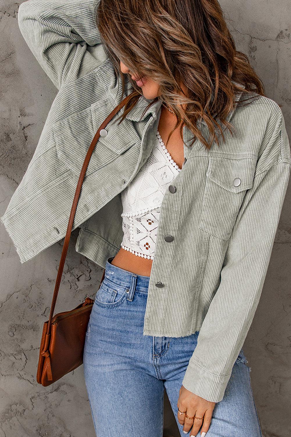Raw Hem Button Down Corduroy Jacket with Pockets BLUE ZONE PLANET