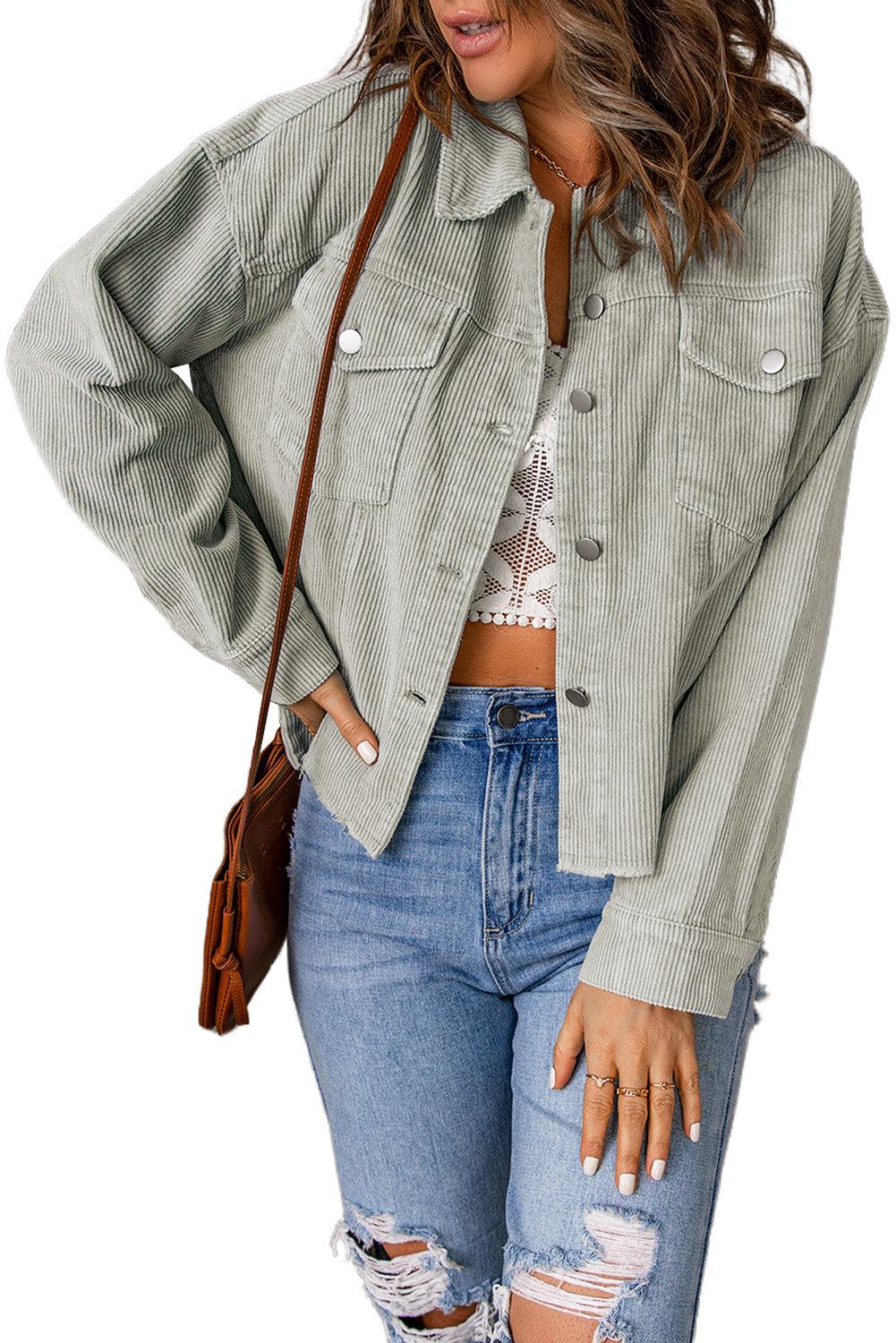 Raw Hem Button Down Corduroy Jacket with Pockets BLUE ZONE PLANET