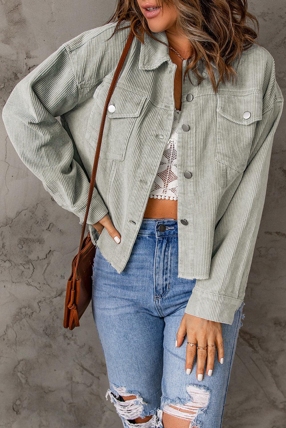 Raw Hem Button Down Corduroy Jacket with Pockets BLUE ZONE PLANET