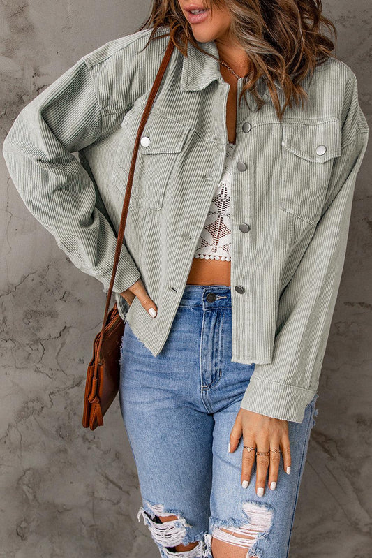 Raw Hem Button Down Corduroy Jacket with Pockets BLUE ZONE PLANET