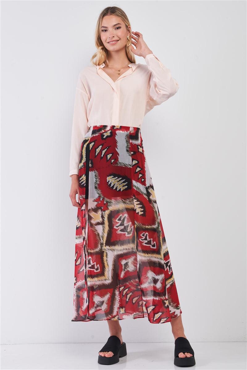 Red & Multi Vintage Graphic Print High-waisted Two Front Slits Maxi Skirt Blue Zone Planet