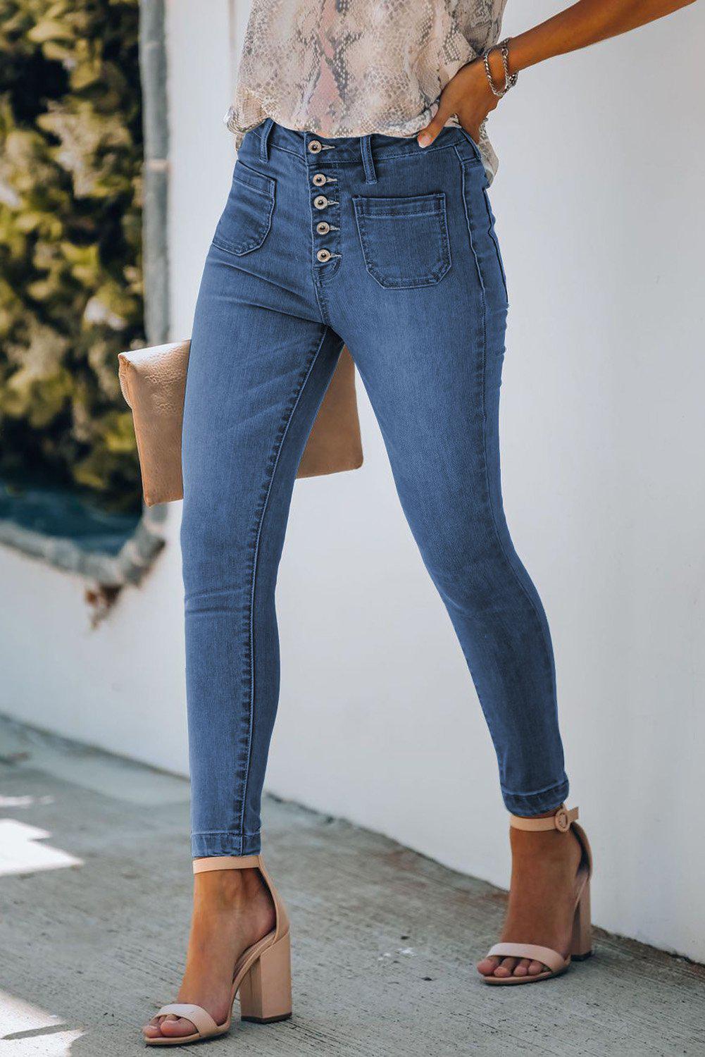 Retro Button Fly Skinny Jeans BLUE ZONE PLANET