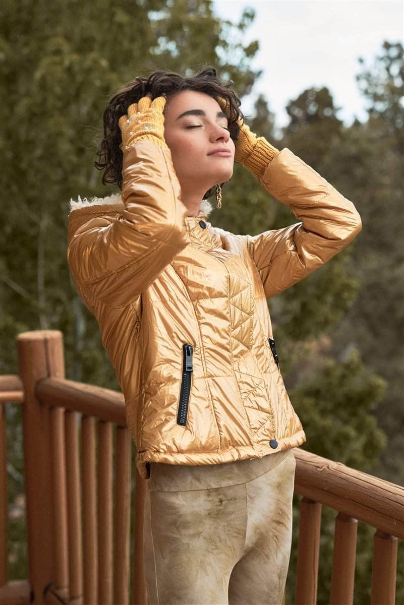 Retro Long Sleeve Fuzzy Faux Fur Hood Padded Jacket Blue Zone Planet