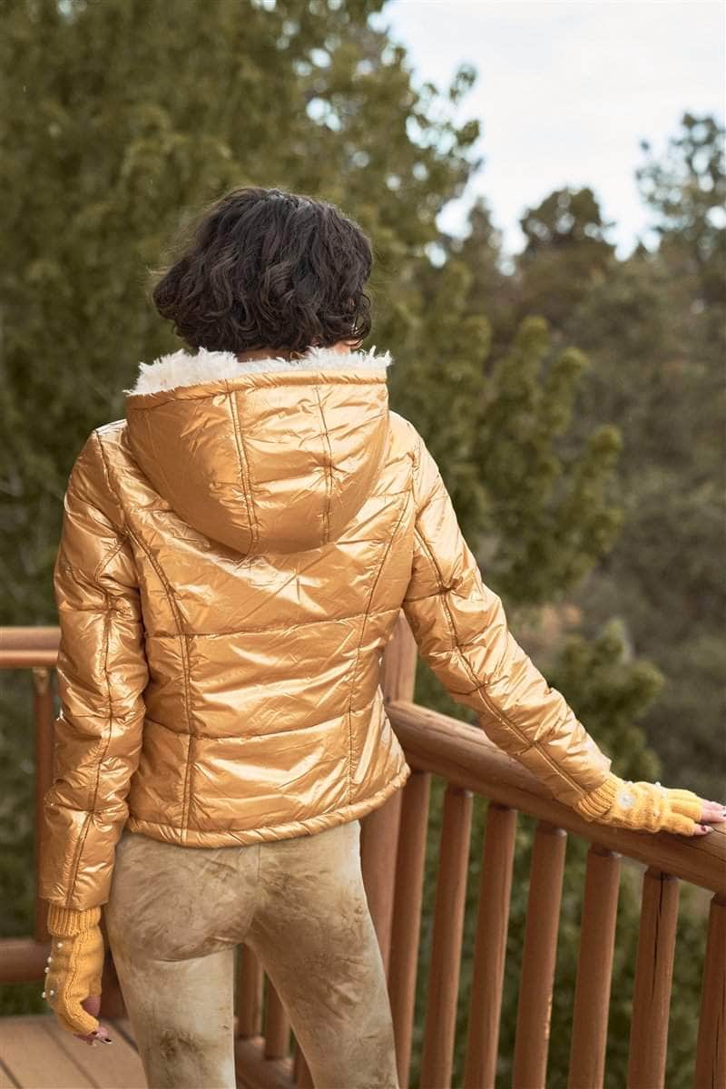 Retro Long Sleeve Fuzzy Faux Fur Hood Padded Jacket Blue Zone Planet