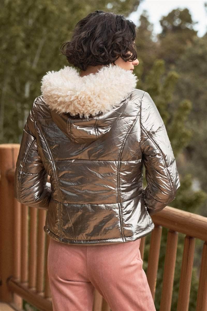 Retro Long Sleeve Fuzzy Faux Fur Hood Padded Jacket Blue Zone Planet