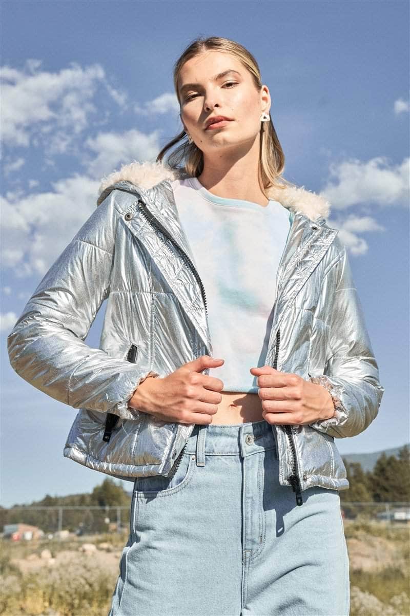 Retro Long Sleeve Fuzzy Faux Fur Hood Padded Jacket Blue Zone Planet