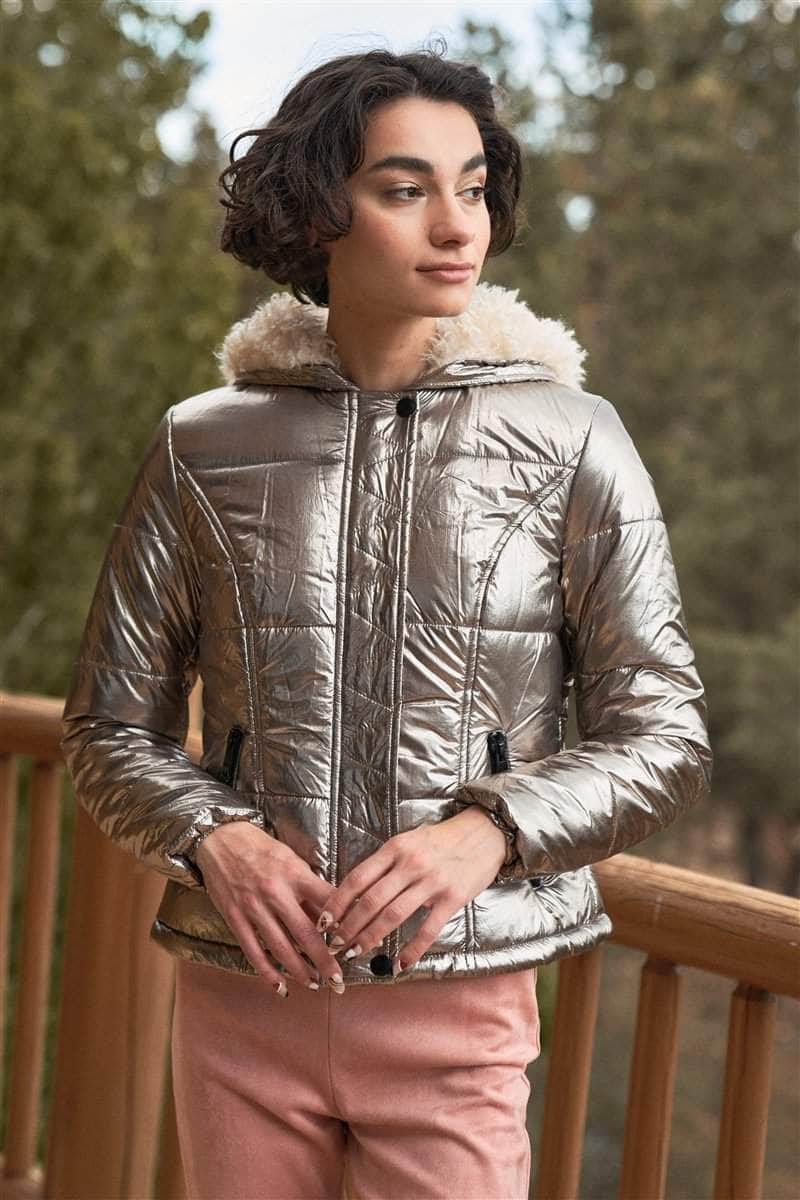 Retro Long Sleeve Fuzzy Faux Fur Hood Padded Jacket Blue Zone Planet