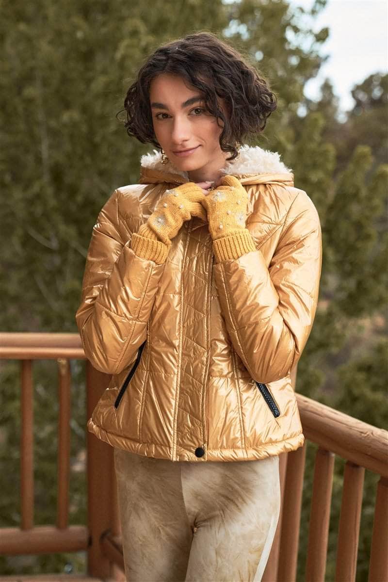 Retro Long Sleeve Fuzzy Faux Fur Hood Padded Jacket Blue Zone Planet