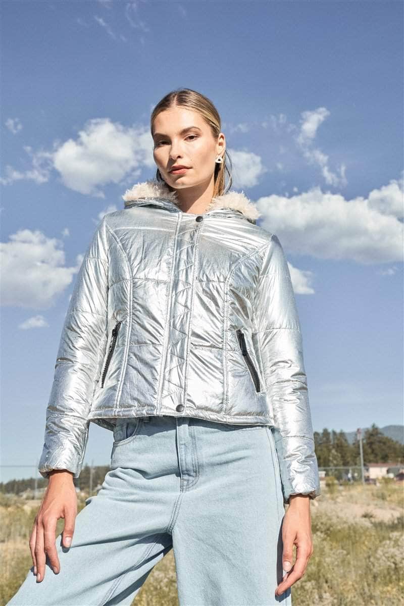 Retro Long Sleeve Fuzzy Faux Fur Hood Padded Jacket Blue Zone Planet