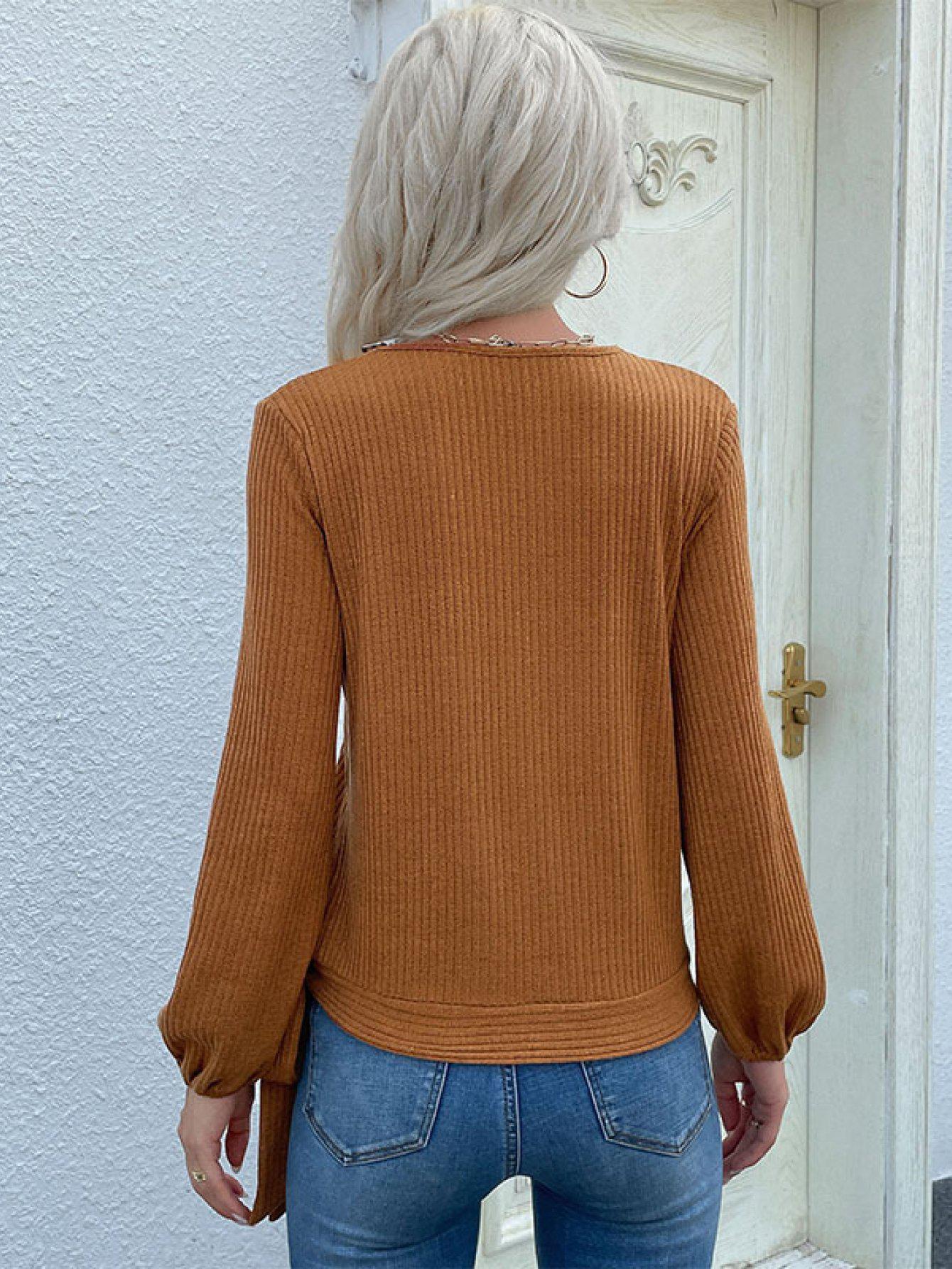 Rib-Knit Asymmetrical Button Blouse BLUE ZONE PLANET