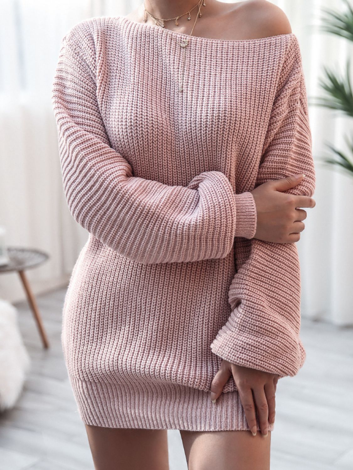 Rib-Knit Balloon Sleeve Boat Neck Sweater Mini Dress BLUE ZONE PLANET