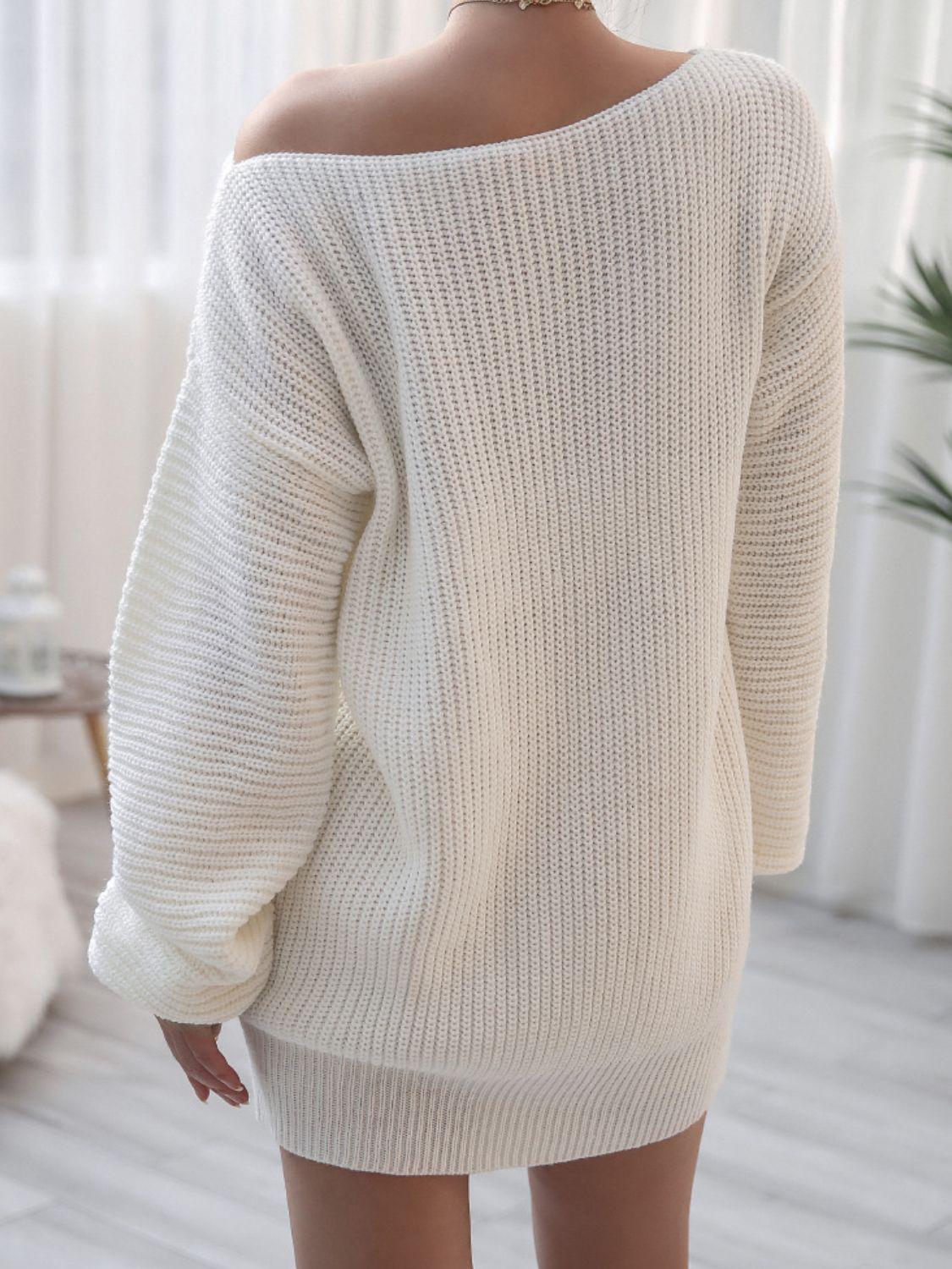 Rib-Knit Balloon Sleeve Boat Neck Sweater Mini Dress BLUE ZONE PLANET