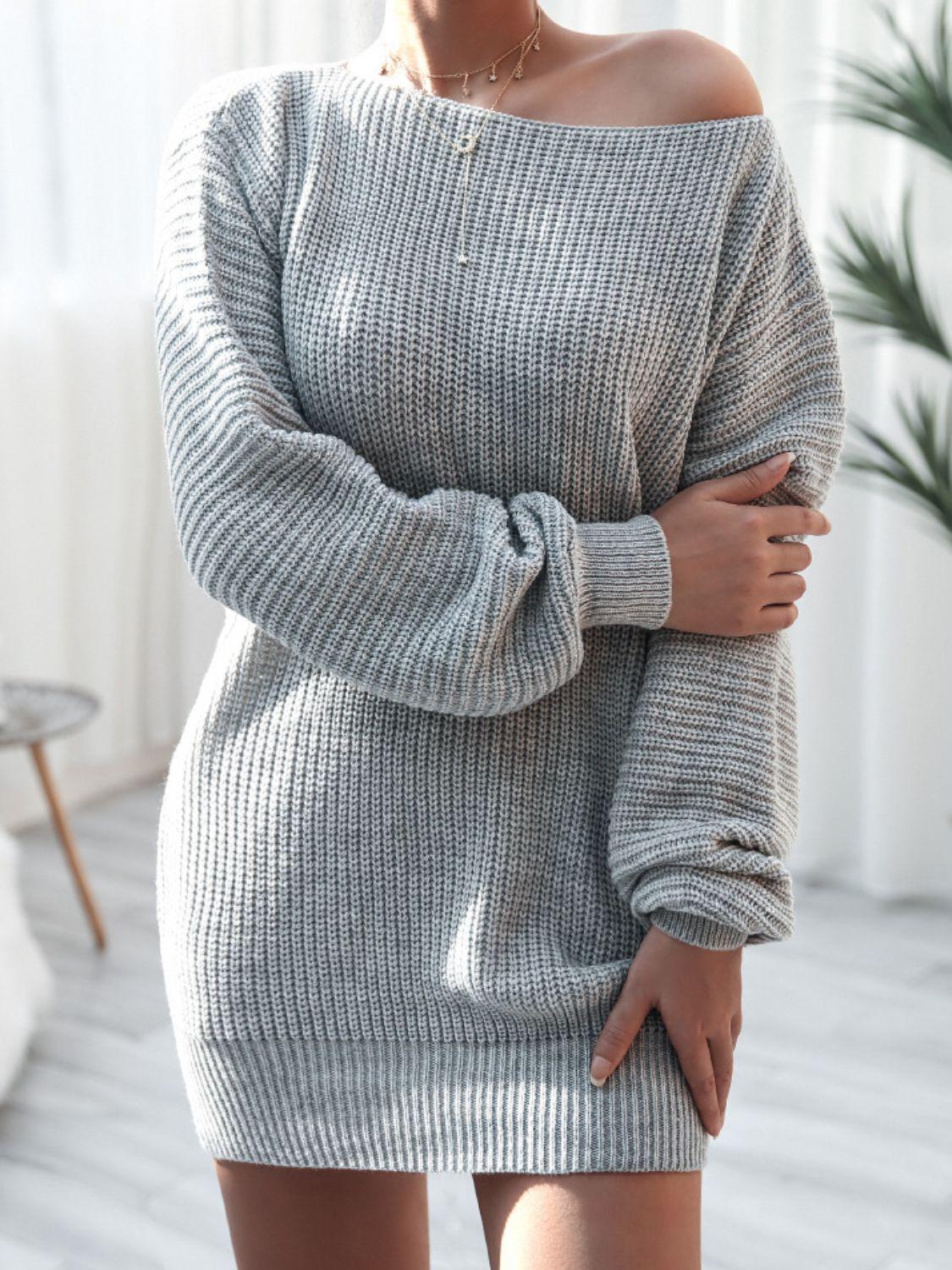 Rib-Knit Balloon Sleeve Boat Neck Sweater Mini Dress BLUE ZONE PLANET