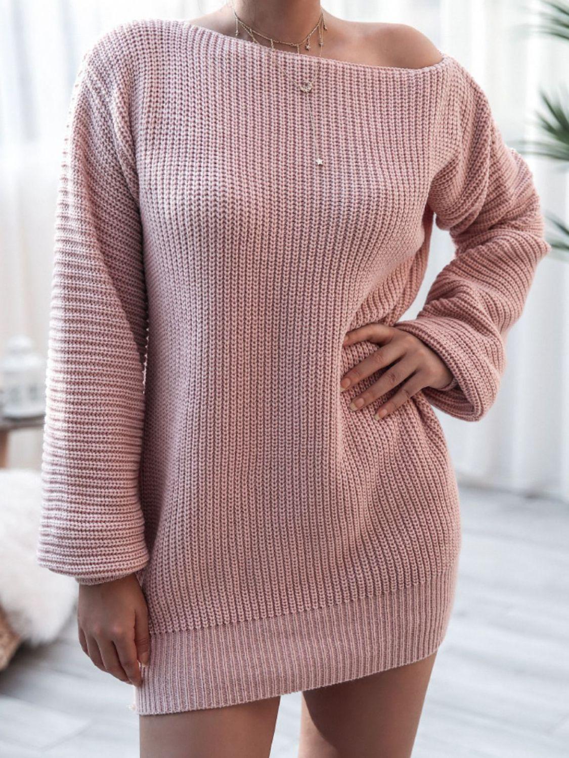 Rib-Knit Balloon Sleeve Boat Neck Sweater Mini Dress BLUE ZONE PLANET