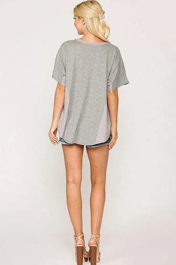 Rib Knit Mixed Dolman Sleeve Top With Round Hem Blue Zone Planet