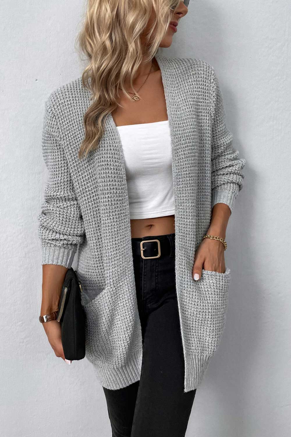 Rib-Knit Open Front Pocketed Cardigan BLUE ZONE PLANET