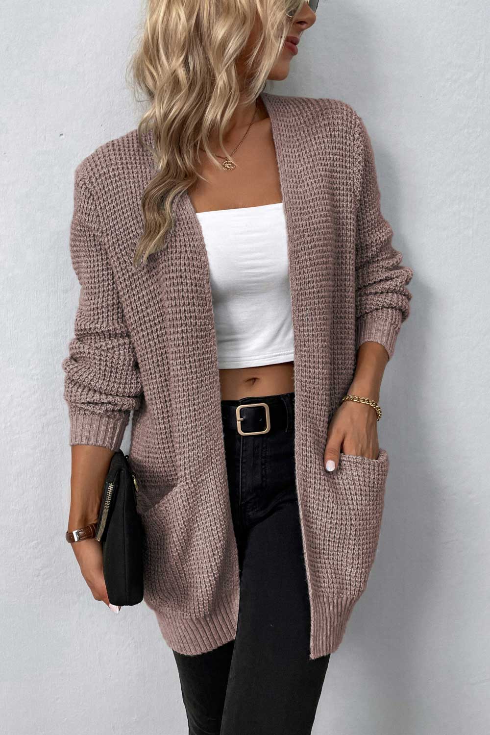 Rib-Knit Open Front Pocketed Cardigan BLUE ZONE PLANET