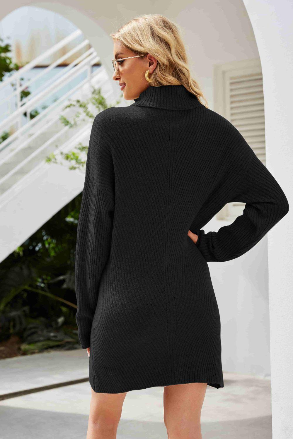 Rib-Knit Turtleneck Drop Shoulder Sweater Mini Dress BLUE ZONE PLANET