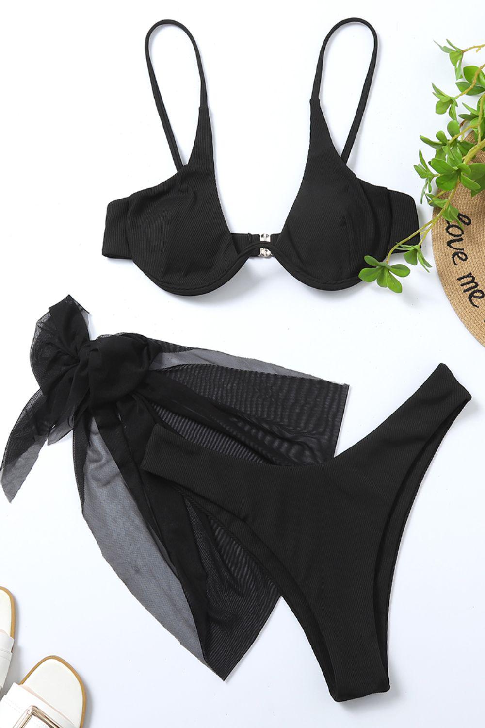 Ribbed High Cut Three-Piece Swim Set BLUE ZONE PLANET