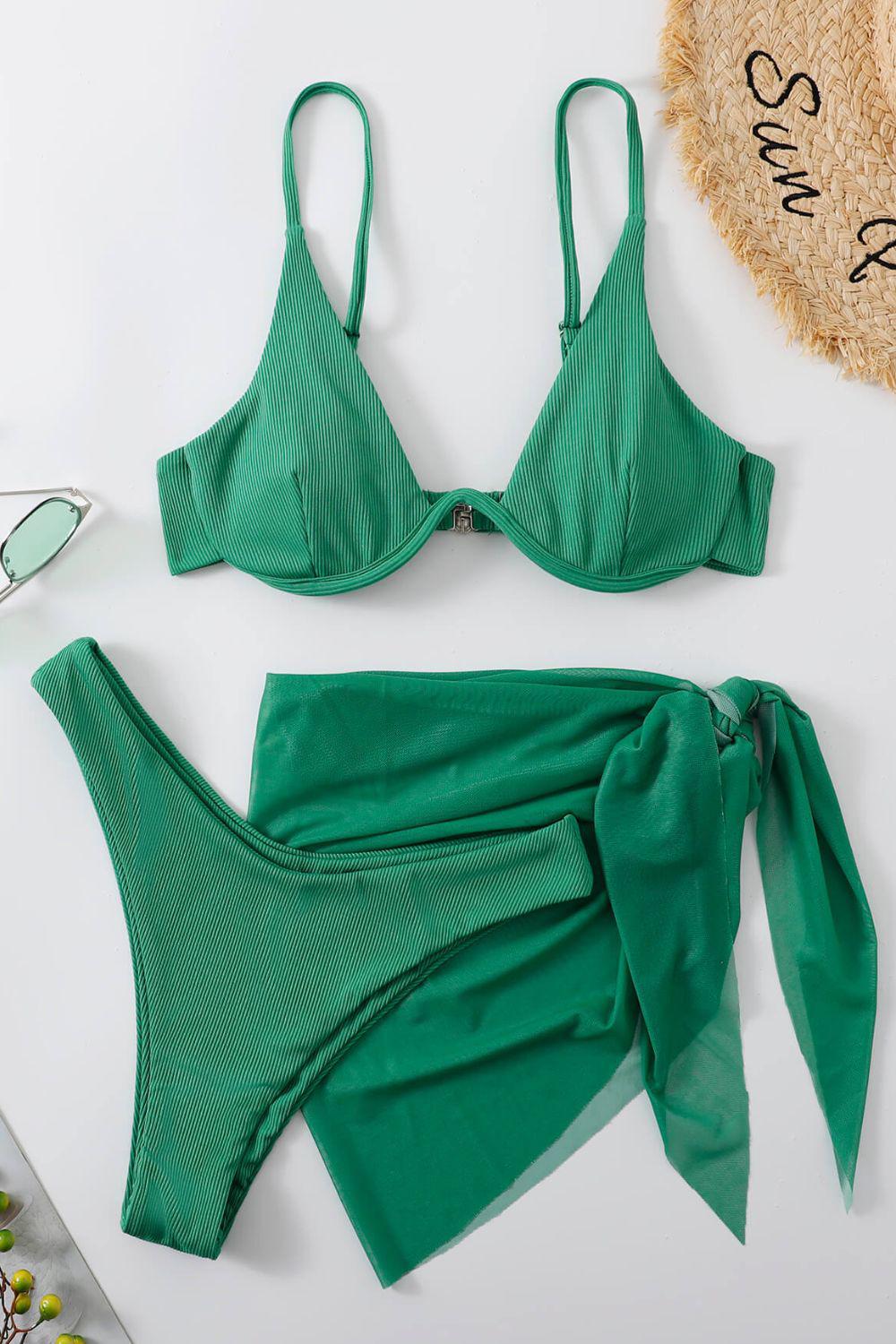 Ribbed High Cut Three-Piece Swim Set BLUE ZONE PLANET