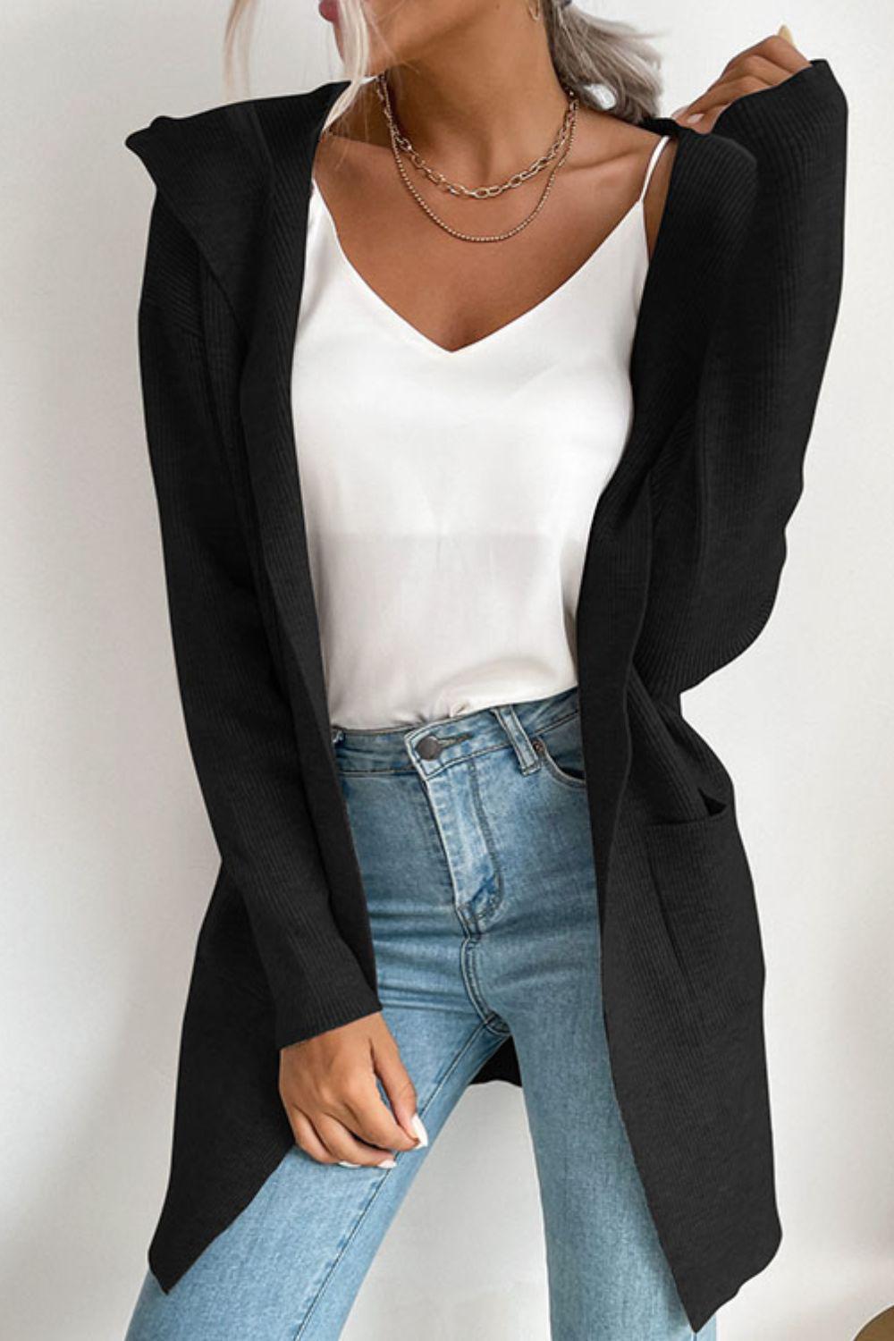Ribbed Open Front Hooded Cardigan with Pockets BLUE ZONE PLANET
