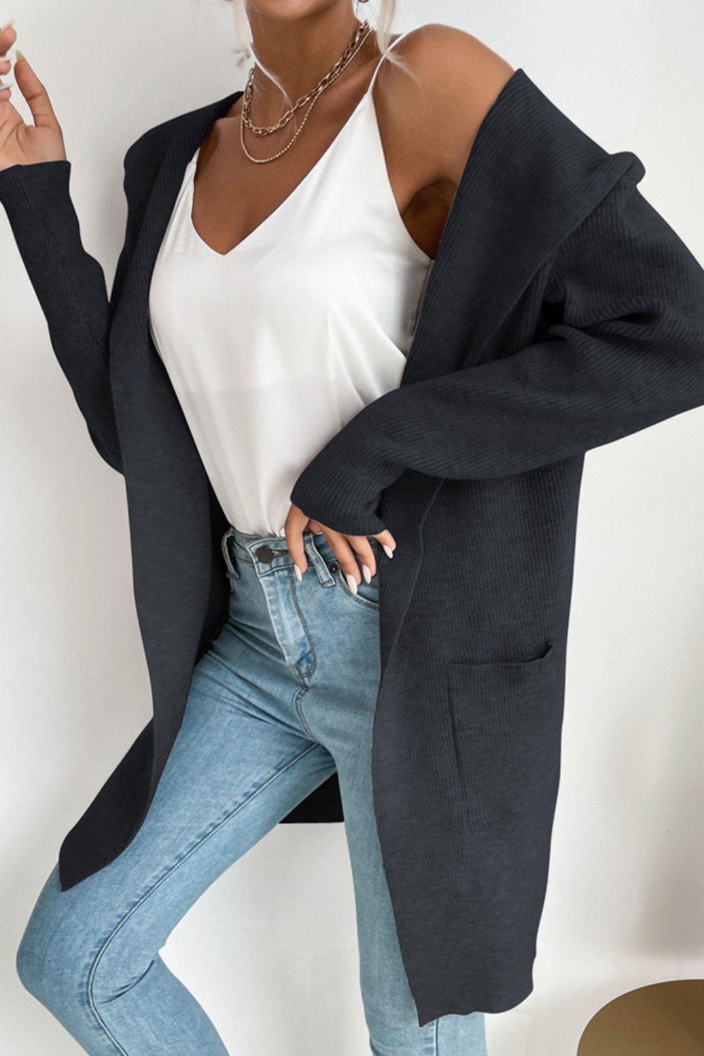 Ribbed Open Front Hooded Cardigan with Pockets BLUE ZONE PLANET