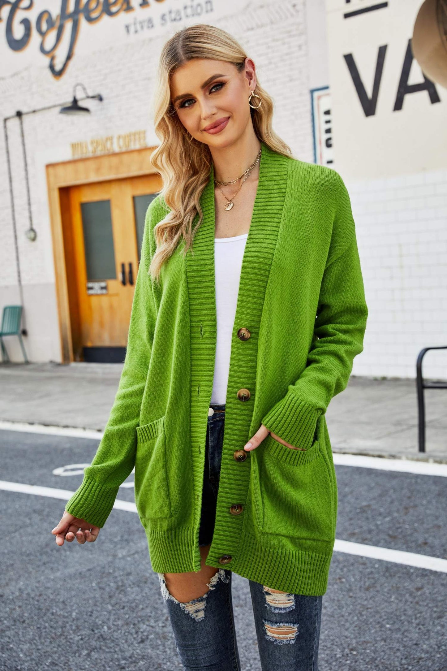 Ribbed Trim Dropped Shoulder Pocketed Cardigan BLUE ZONE PLANET
