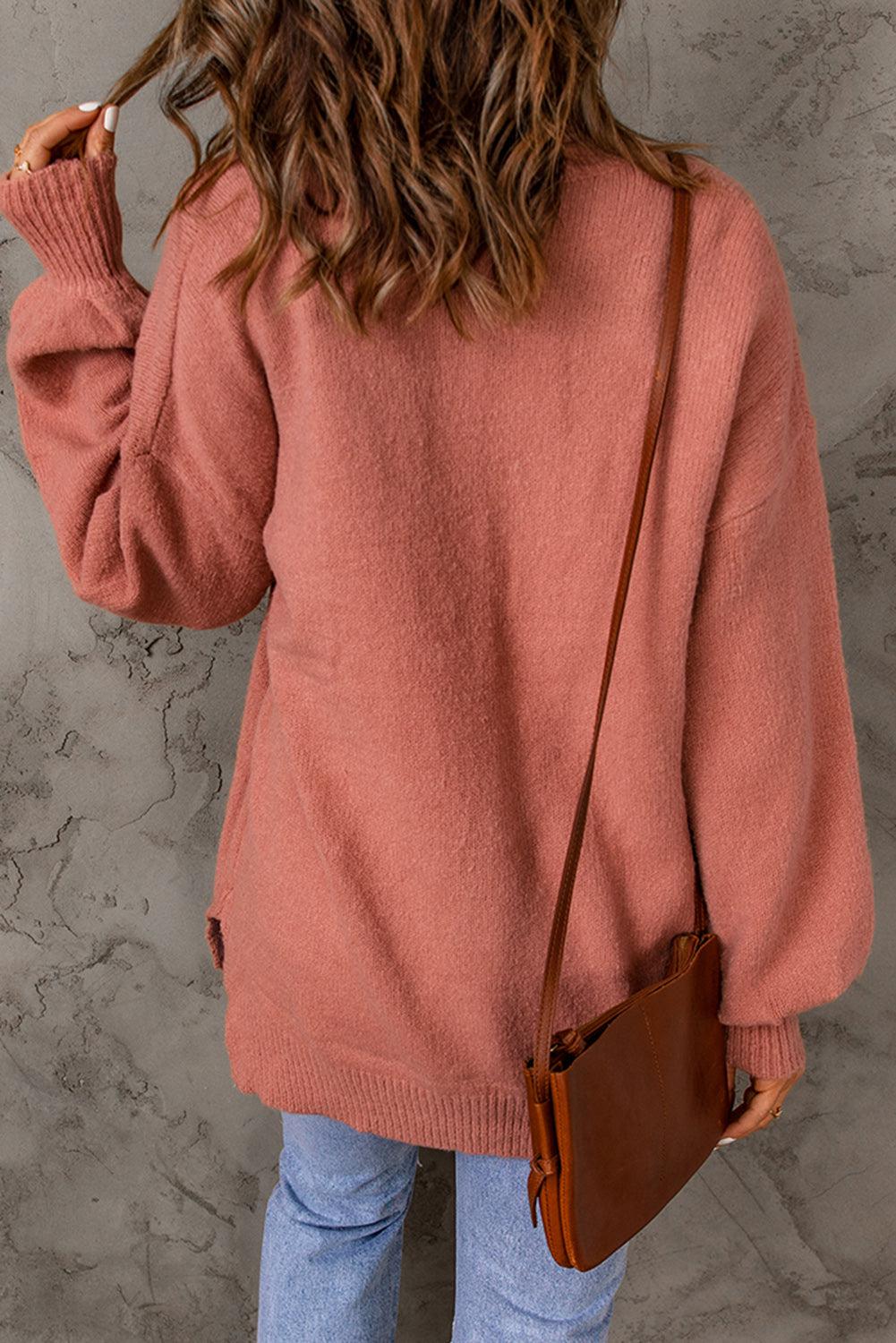 Ribbed Trim Lantern Sleeve Pocketed Sweater BLUE ZONE PLANET