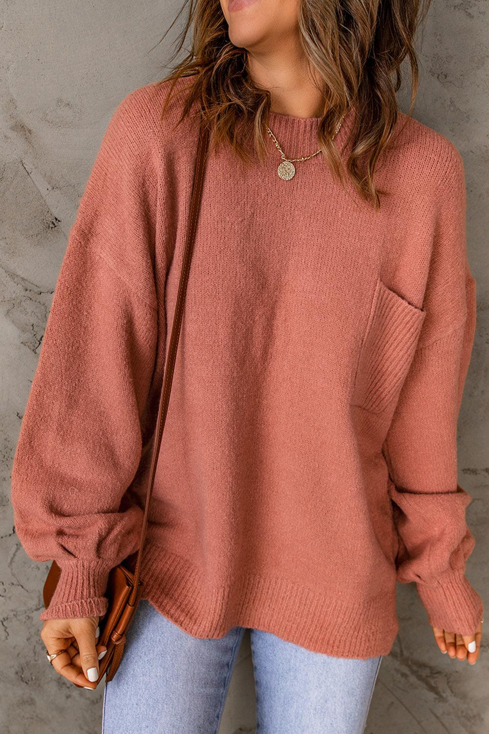 Ribbed Trim Lantern Sleeve Pocketed Sweater BLUE ZONE PLANET