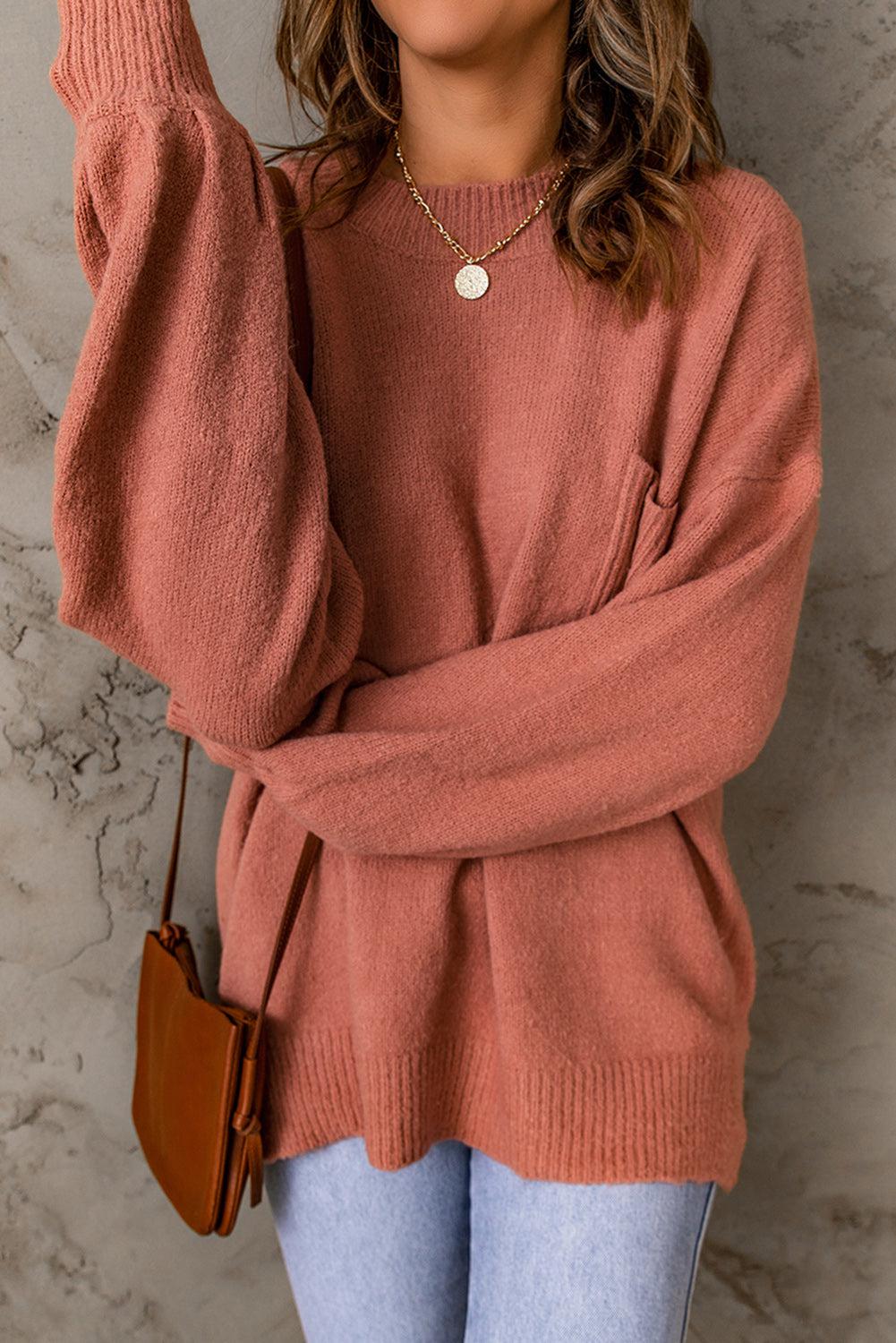 Ribbed Trim Lantern Sleeve Pocketed Sweater BLUE ZONE PLANET