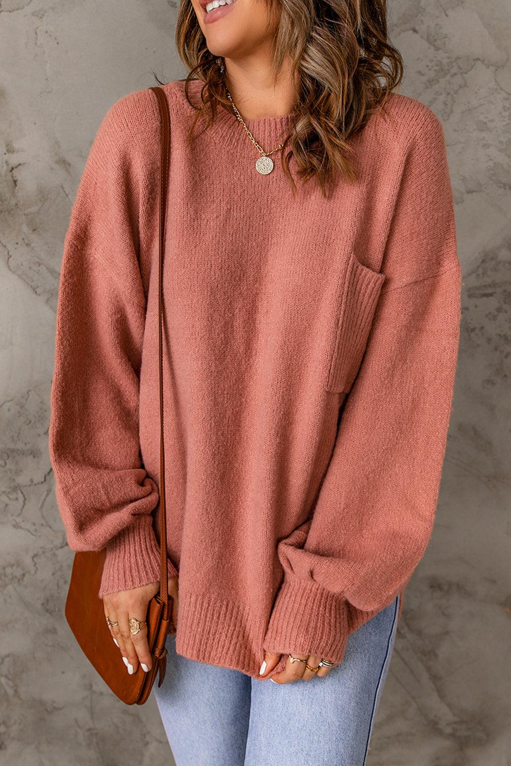 Ribbed Trim Lantern Sleeve Pocketed Sweater BLUE ZONE PLANET