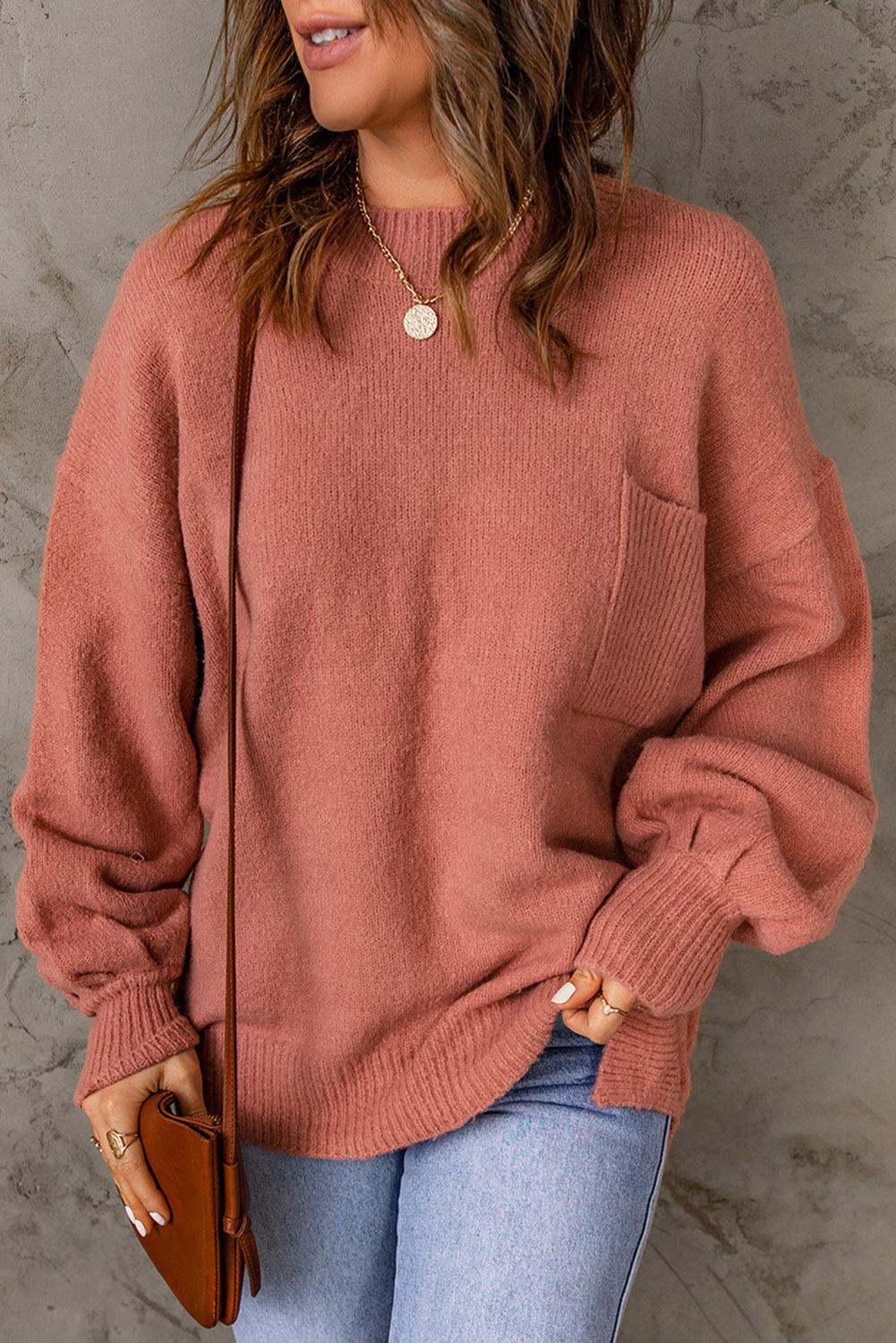 Ribbed Trim Lantern Sleeve Pocketed Sweater BLUE ZONE PLANET