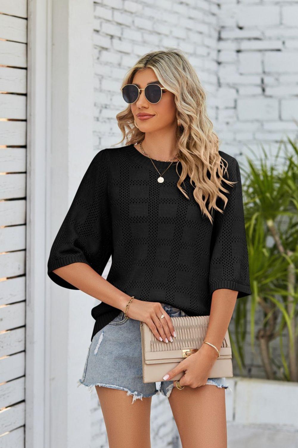 Ribbed Trim Round Neck Knit Top BLUE ZONE PLANET