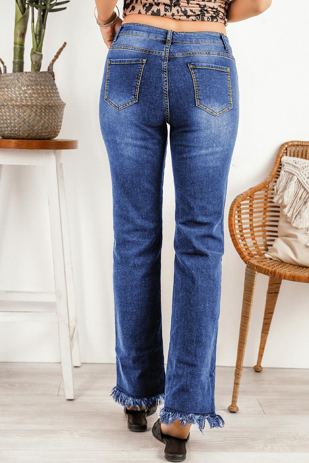 Ripped Frayed Hem Jeans BLUE ZONE PLANET