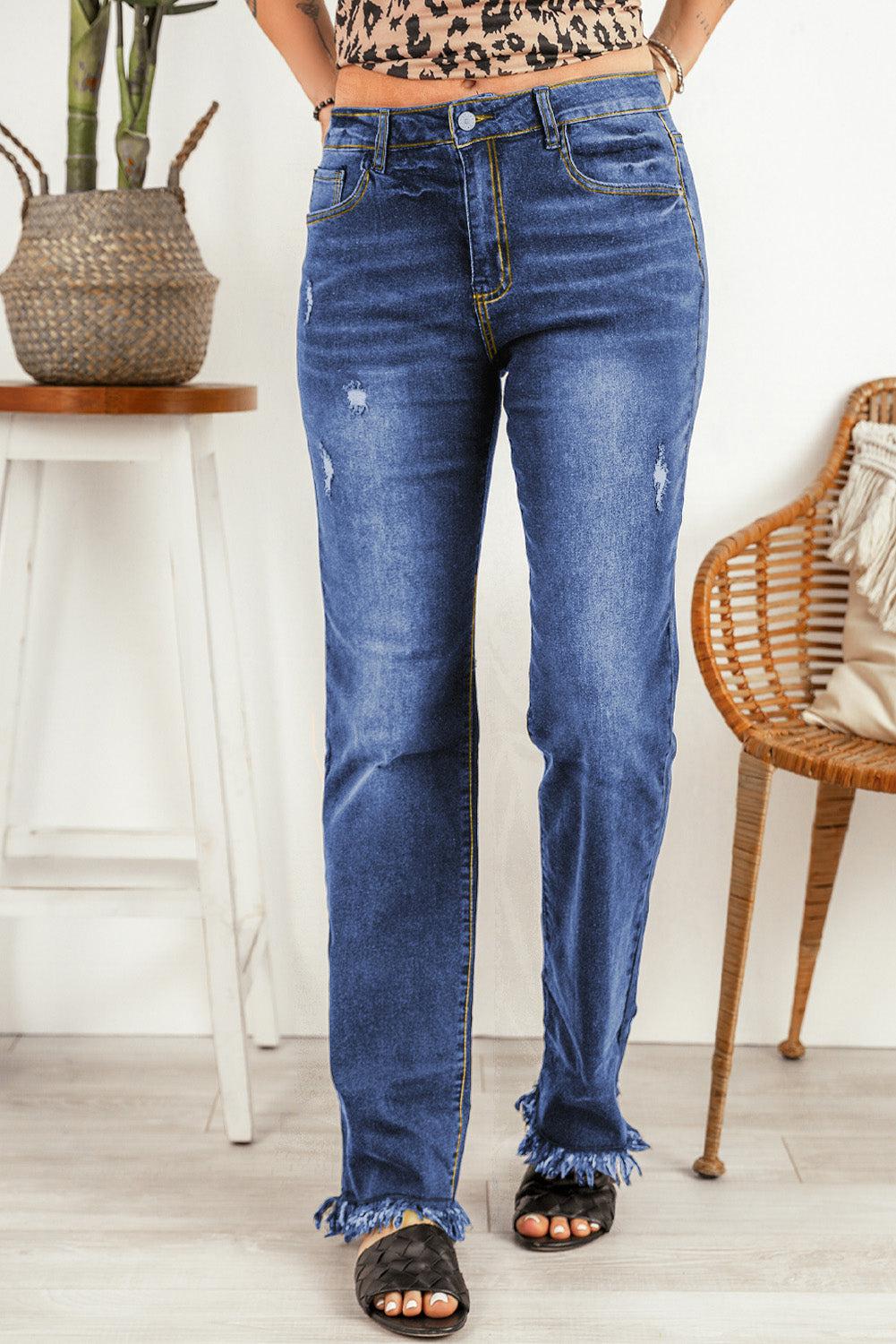 Ripped Frayed Hem Jeans BLUE ZONE PLANET