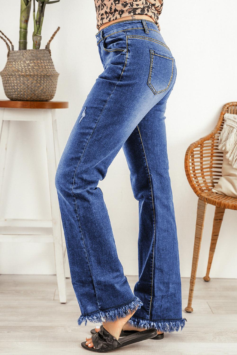 Ripped Frayed Hem Jeans BLUE ZONE PLANET