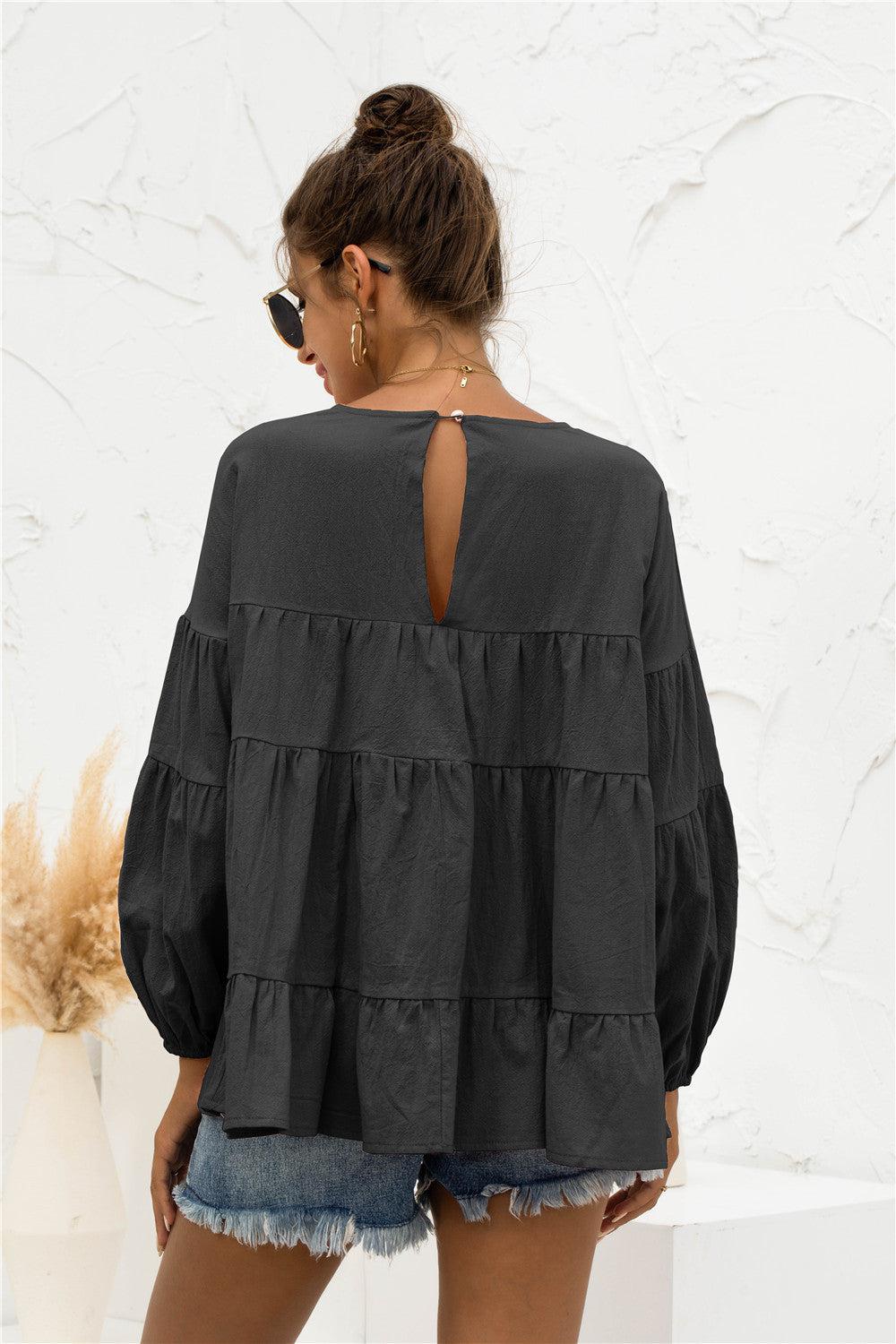 Round Neck Bubble Sleeve Tiered Blouse BLUE ZONE PLANET