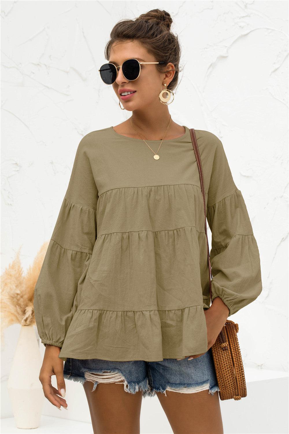 Round Neck Bubble Sleeve Tiered Blouse BLUE ZONE PLANET