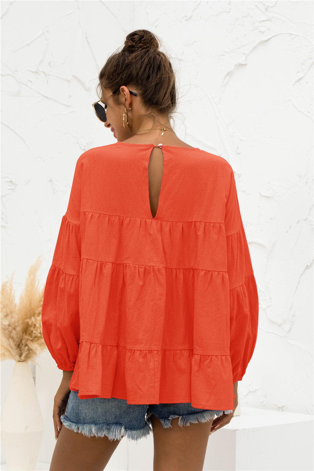 Round Neck Bubble Sleeve Tiered Blouse BLUE ZONE PLANET