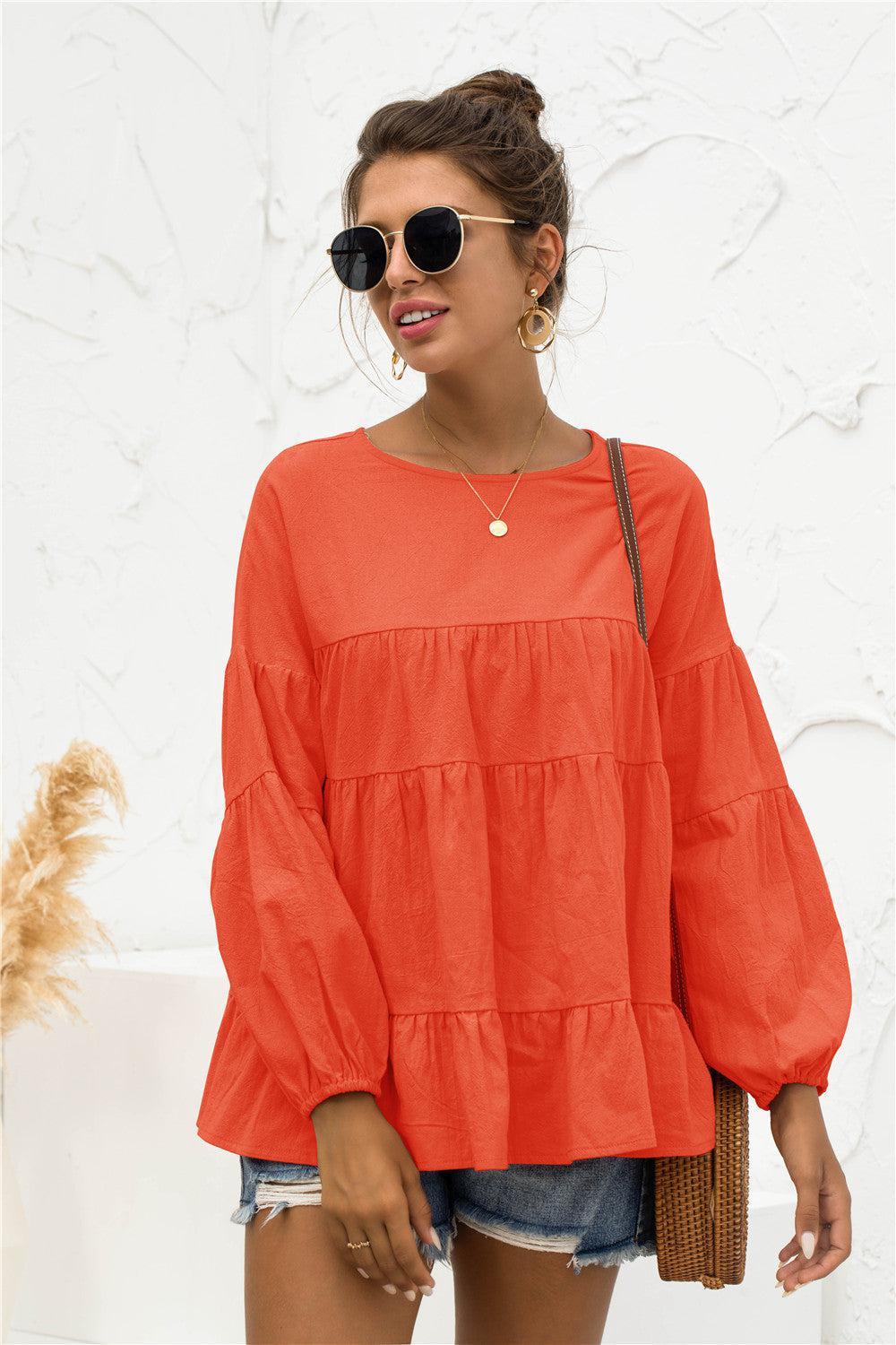 Round Neck Bubble Sleeve Tiered Blouse BLUE ZONE PLANET