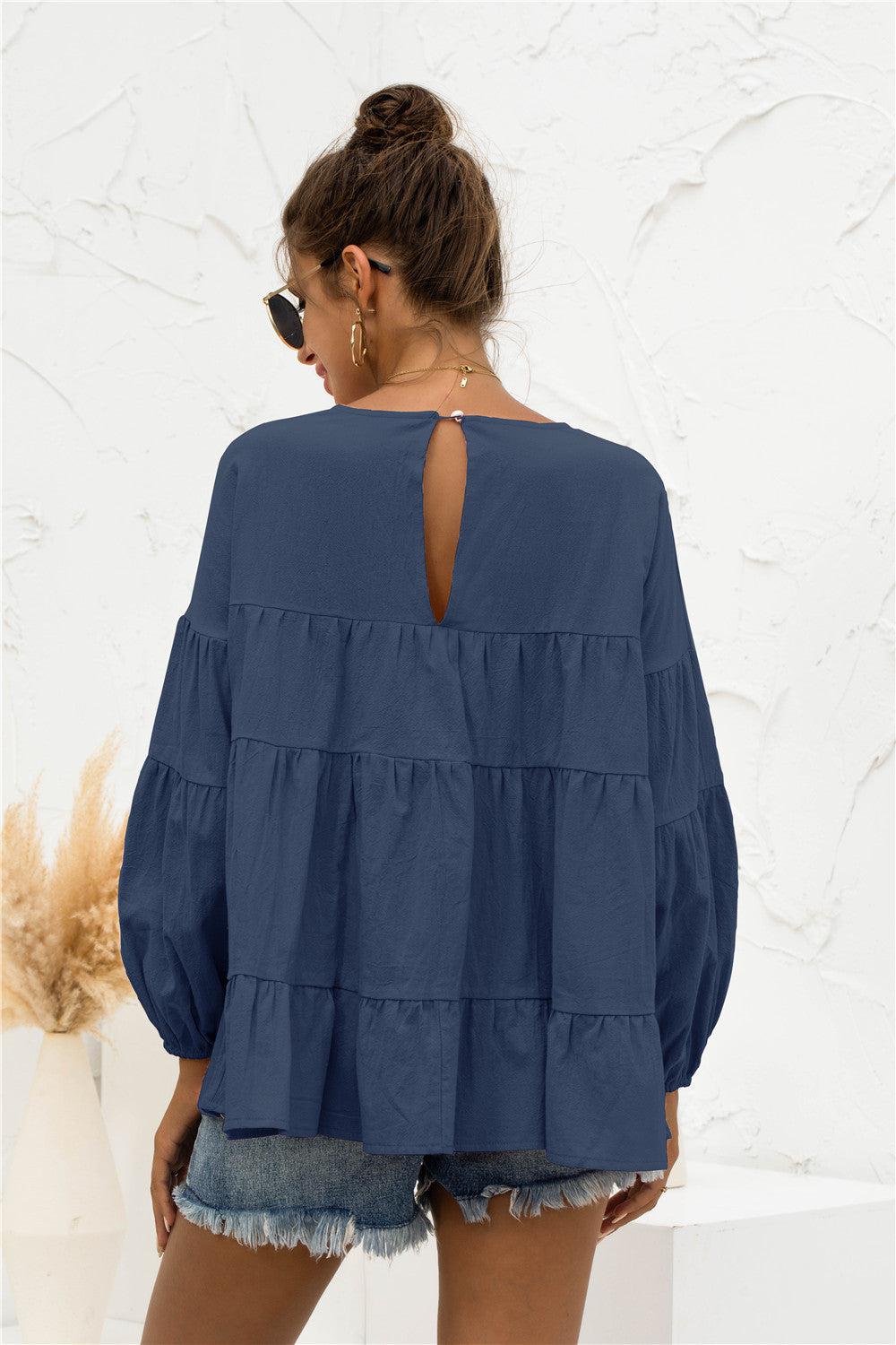 Round Neck Bubble Sleeve Tiered Blouse BLUE ZONE PLANET