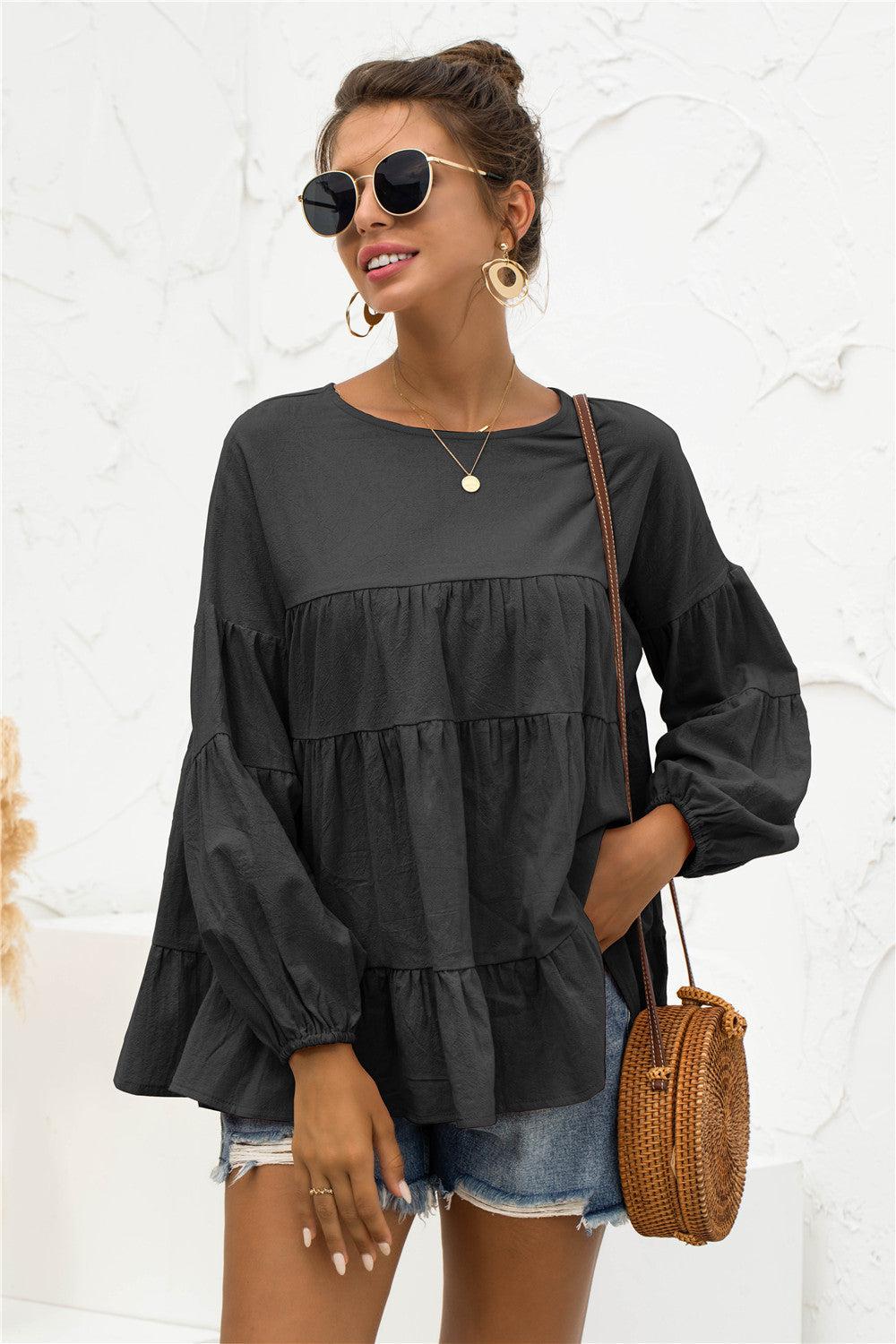 Round Neck Bubble Sleeve Tiered Blouse BLUE ZONE PLANET