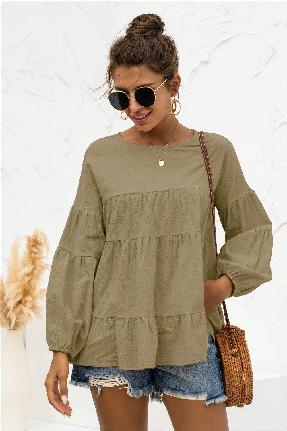 Round Neck Bubble Sleeve Tiered Blouse BLUE ZONE PLANET