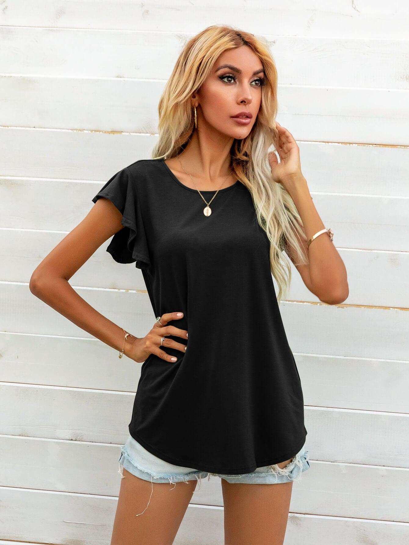 Round Neck Butterfly Sleeve Top BLUE ZONE PLANET