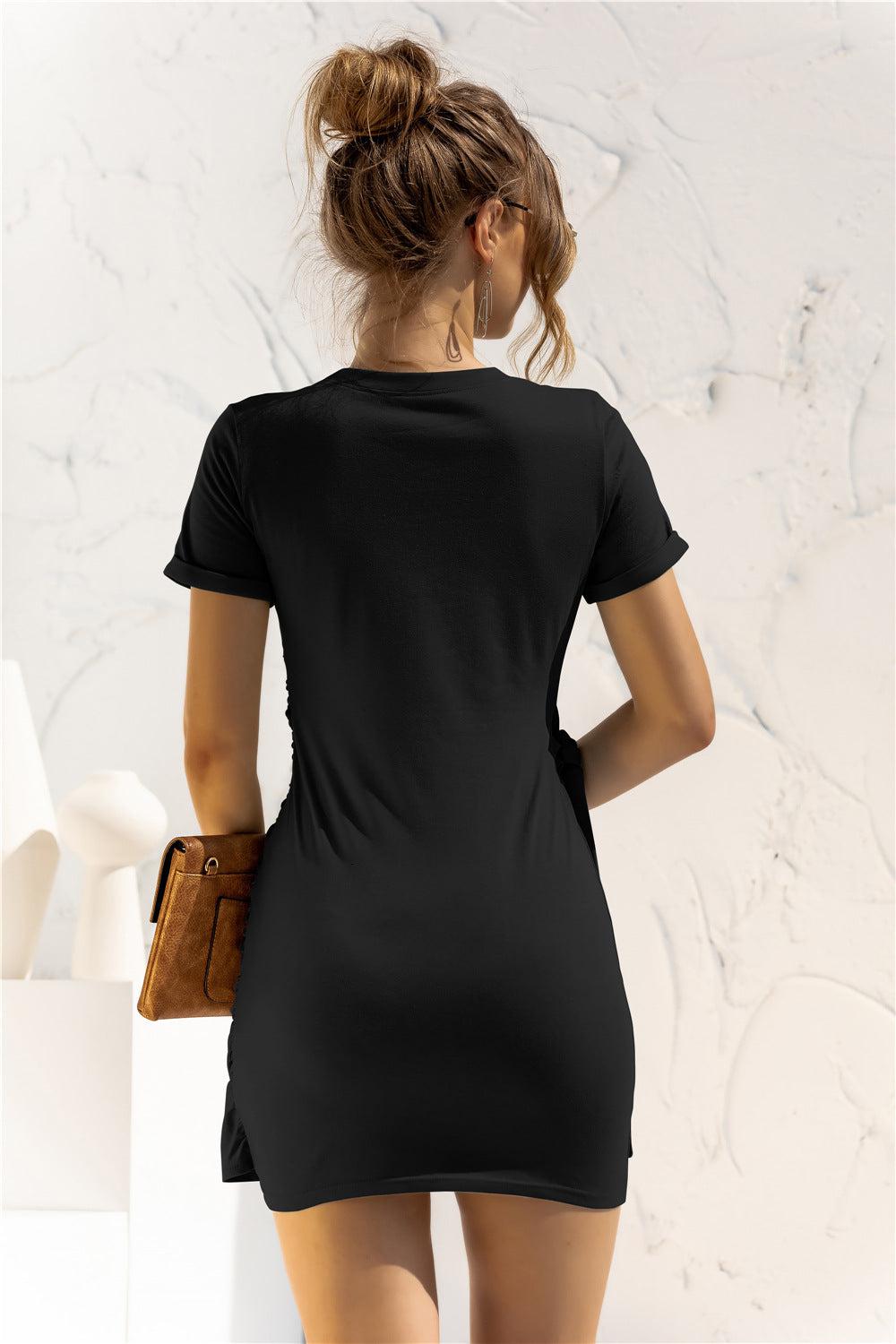 Round Neck Cuffed Sleeve Side Tie Dress BLUE ZONE PLANET