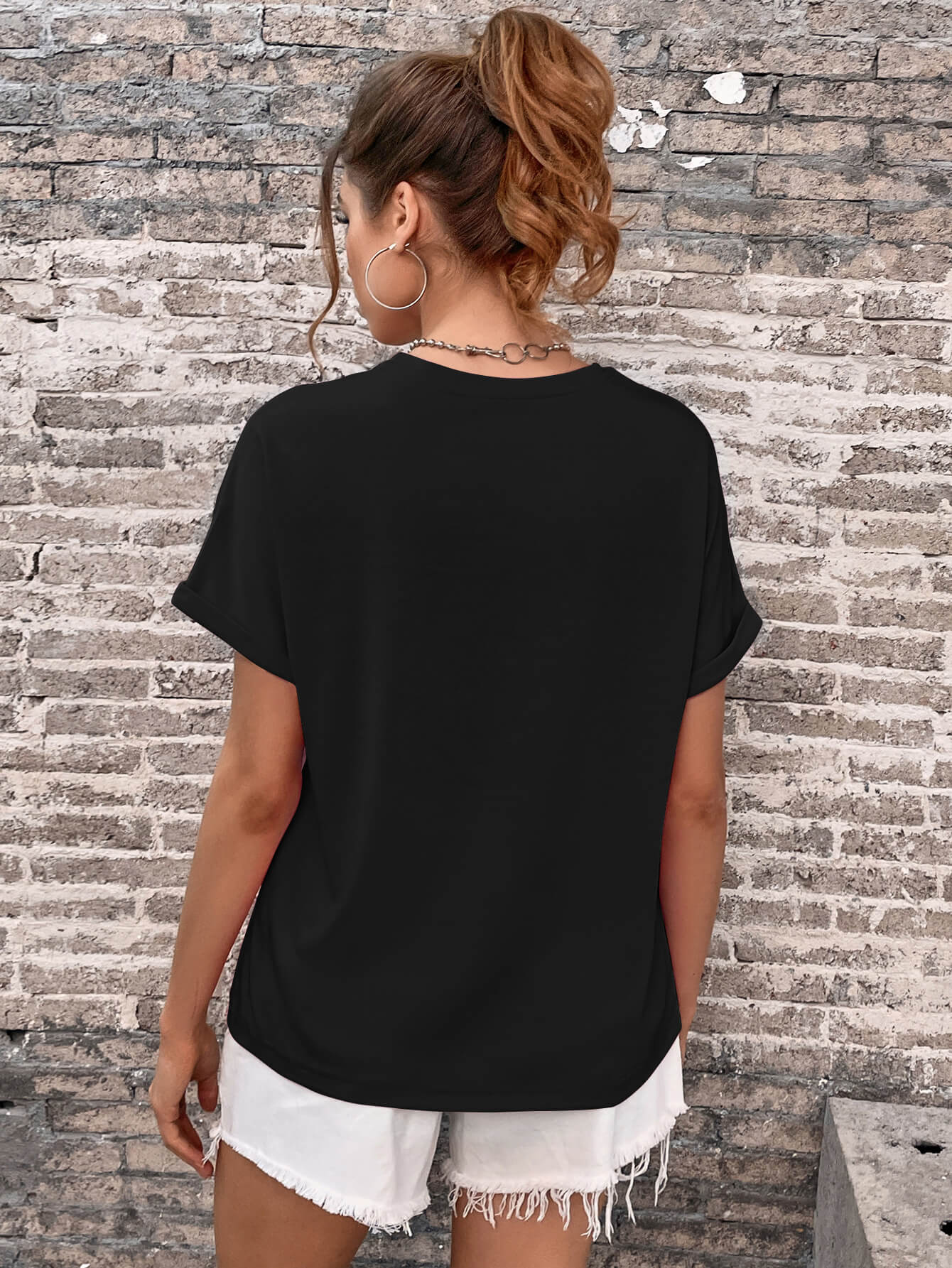 Round Neck Cuffed Sleeve T-Shirt BLUE ZONE PLANET