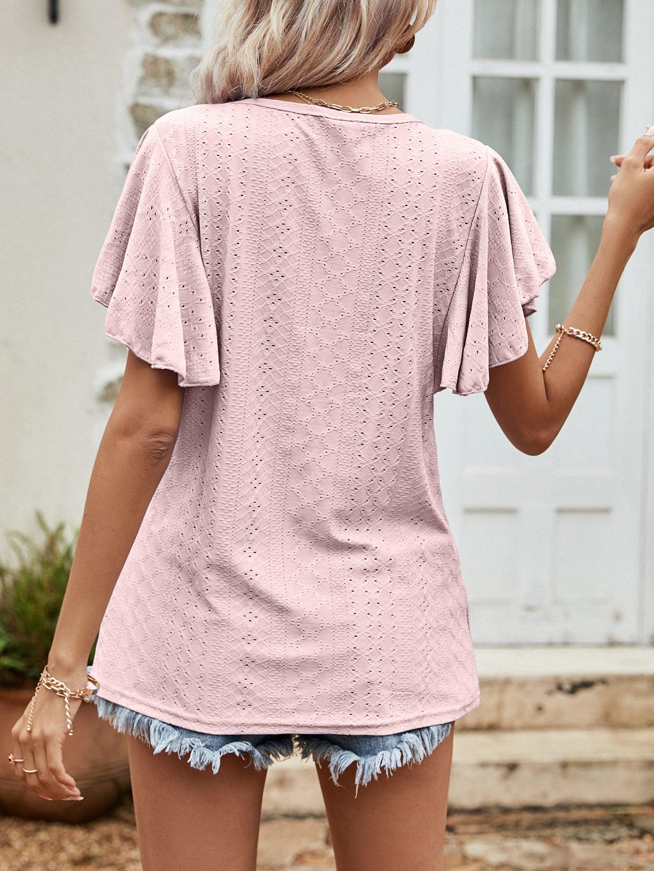 Round Neck Flutter Sleeve Blouse BLUE ZONE PLANET